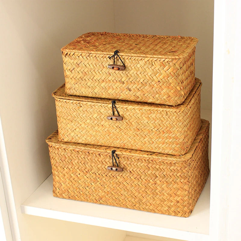 Large Wicker Box Rectangle Seagrass Storage Basket with Lid Rattan Basket Storage Organizer for Cabinet Shelf Home Organization