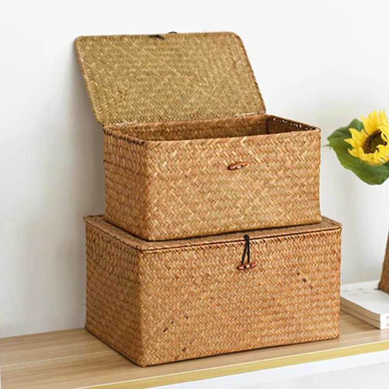 Large Wicker Box Rectangle Seagrass Storage Basket with Lid Rattan Basket Storage Organizer for Cabinet Shelf Home Organization