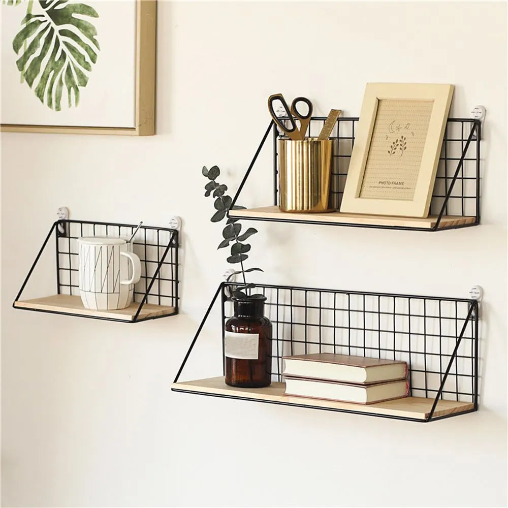 Wooden Iron Wall Shelf Wall Mounted Storage Rack Organization for Kitchen Bedroom Home Decor Kid Room DIY Wall Decoration Holder