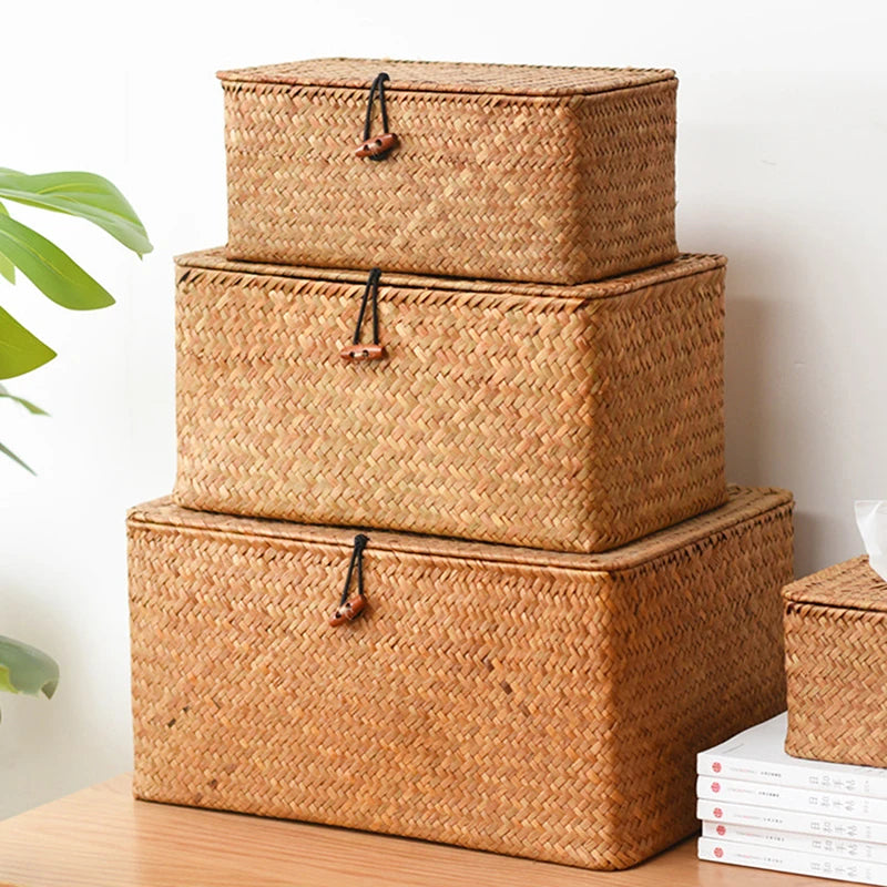 Large Wicker Box Rectangle Seagrass Storage Basket with Lid Rattan Basket Storage Organizer for Cabinet Shelf Home Organization