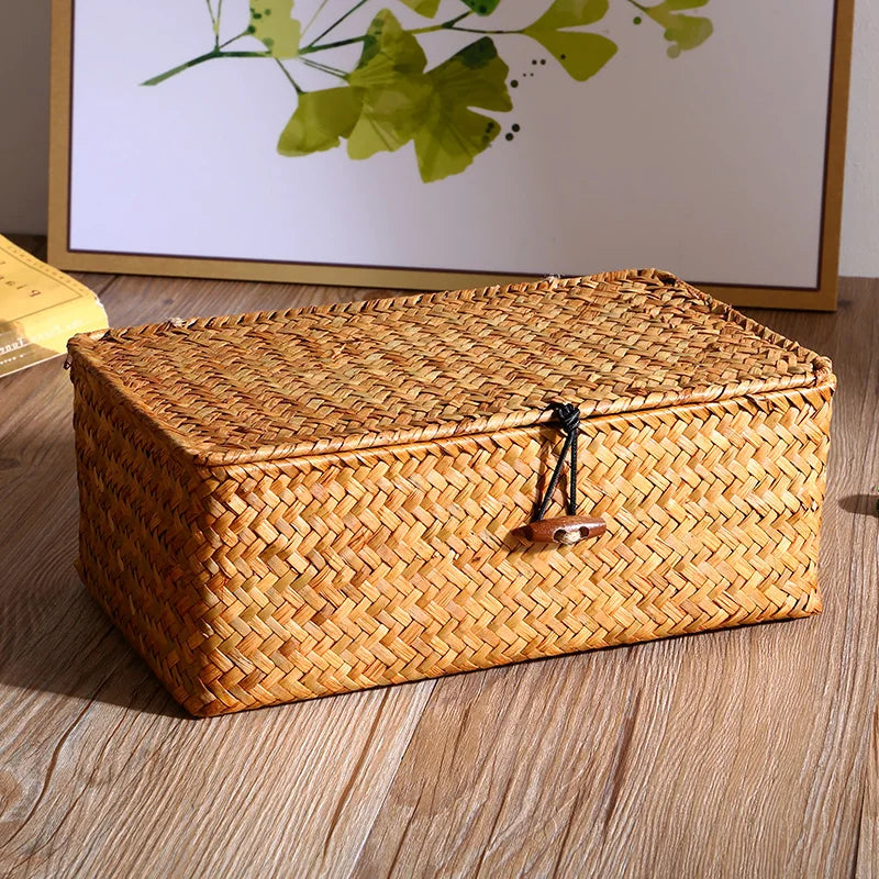 Large Wicker Box Rectangle Seagrass Storage Basket with Lid Rattan Basket Storage Organizer for Cabinet Shelf Home Organization