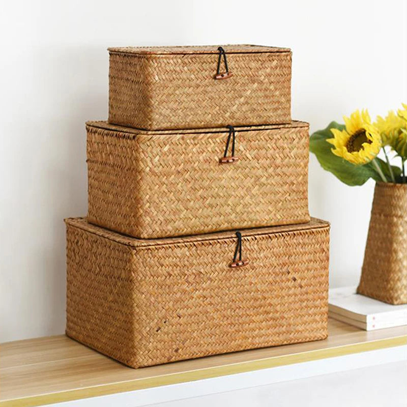 Large Wicker Box Rectangle Seagrass Storage Basket with Lid Rattan Basket Storage Organizer for Cabinet Shelf Home Organization