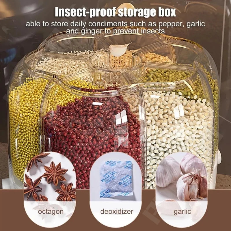 360° Rotating Food Storage Container Rice Barrels Separated Sealed Cereal Dispenser Foods Container Kitchen Storage Organization