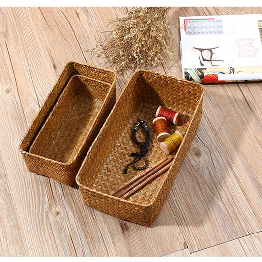 Rectangle Hand Woven Storage Basket Desktop Natural Straw Storage Box Sundries Gadgets Organizer Cosmetic Container Organization