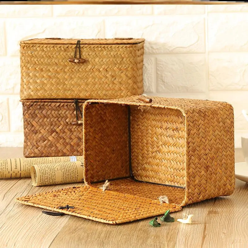 Large Wicker Box Rectangle Seagrass Storage Basket with Lid Rattan Basket Storage Organizer for Cabinet Shelf Home Organization